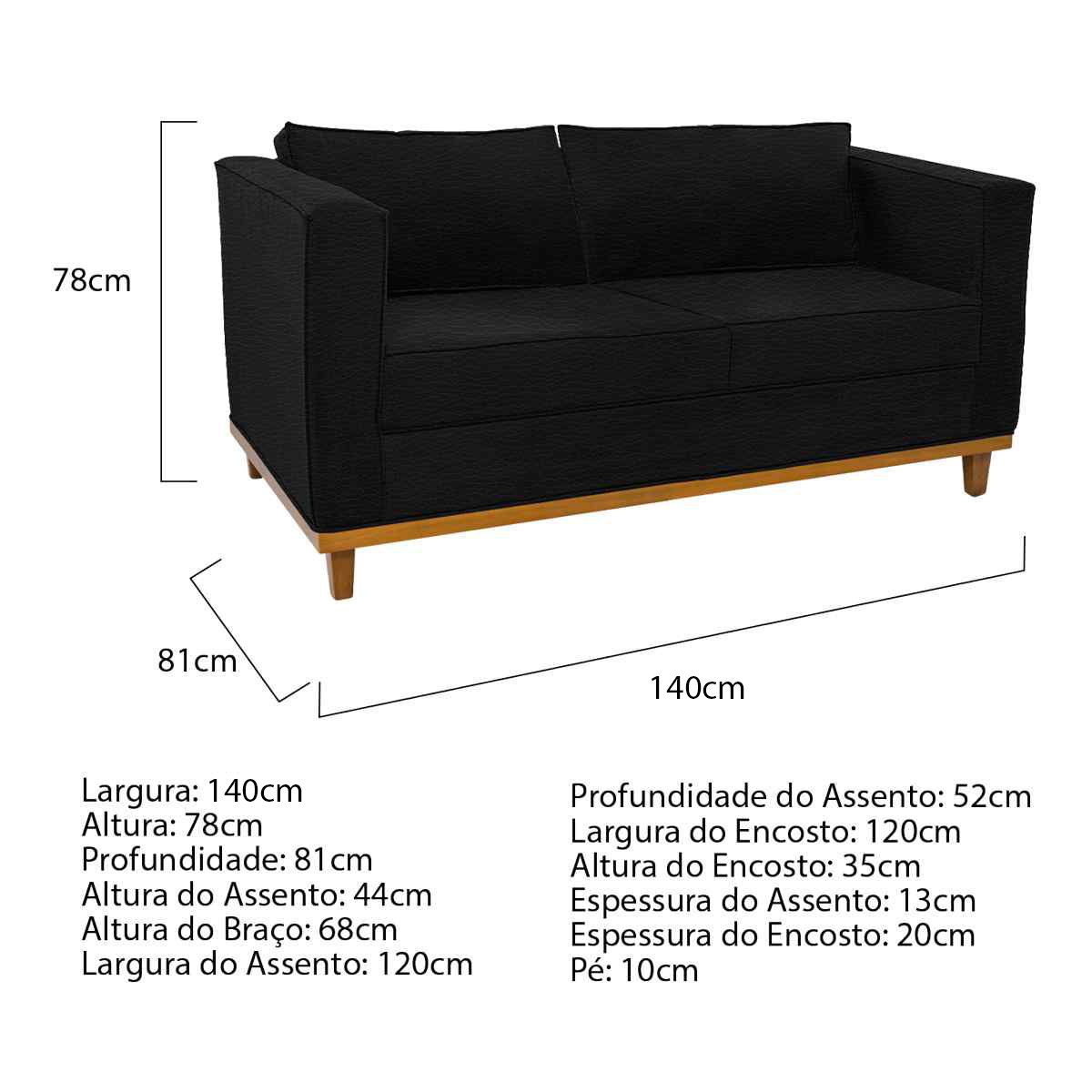 Sofá 2 Lugares Europa Corano Preto ADJ Decor - 4