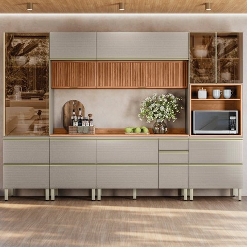Cozinha Completa Modulada 310cm x 218,5cm Aéreo Rpd Pnl e Crt 6 Peças Proença Bege/Nogueira/Nude Prime