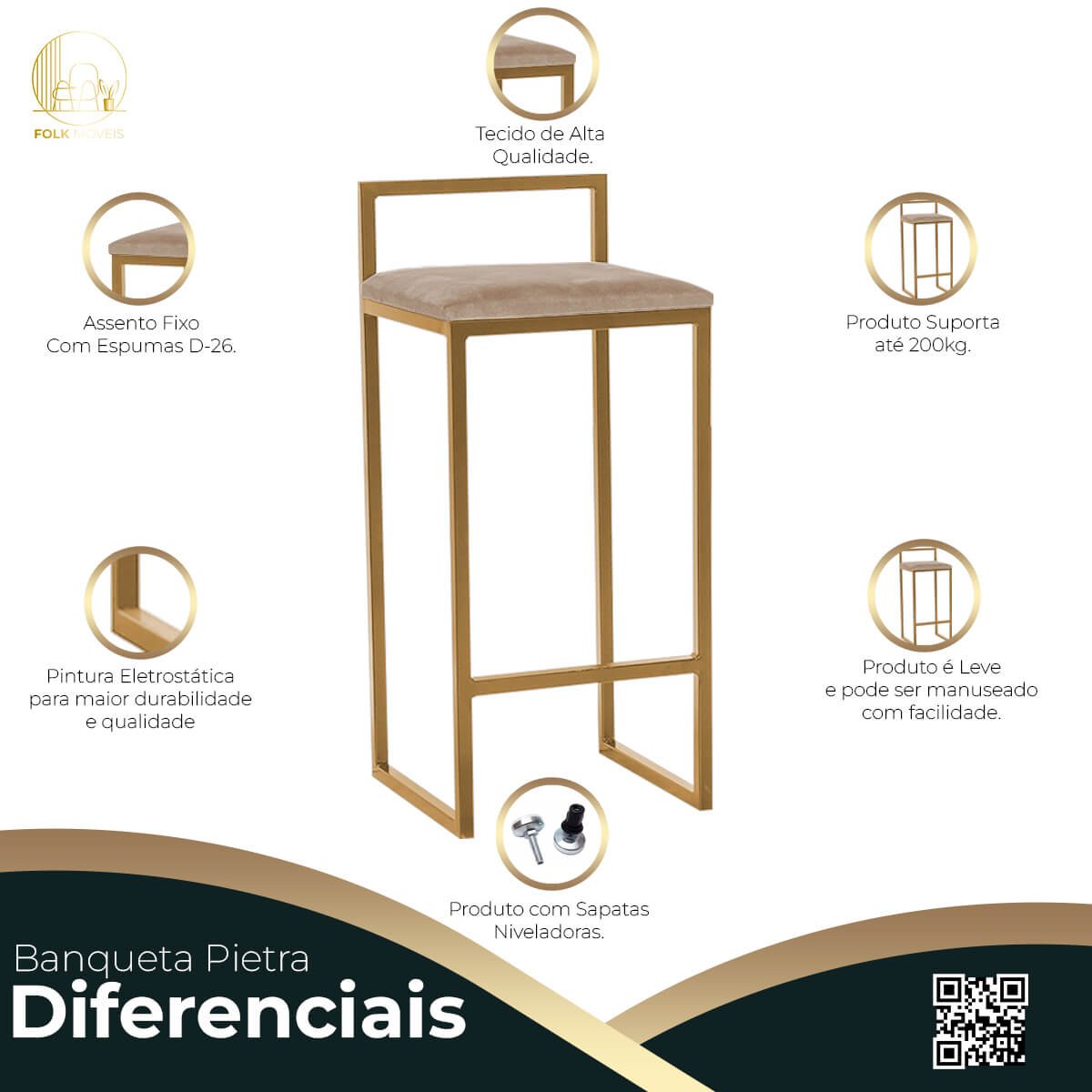 02 Banquetas Altas Pietra Com Base Dourada Suede Várias Cores - Folk ...