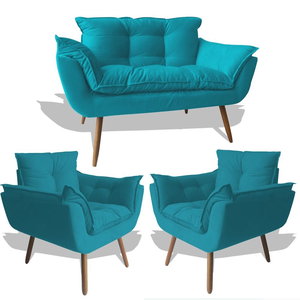 KIT Namoradeira Opala + 2 Poltronas para Sala Azul Turquesa