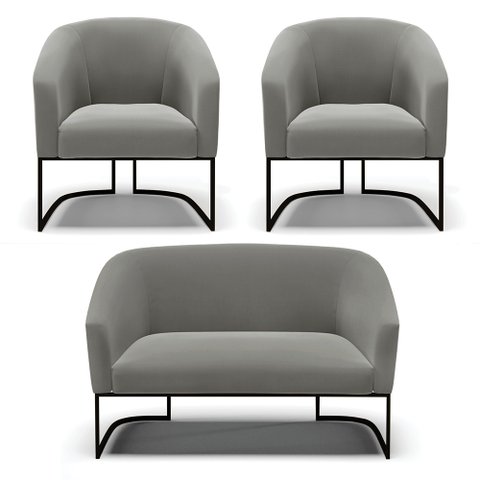 Sofá Namoradeira e 2 Poltronas Base Industrial Preto Stella Suede Grafite D03 - D'Rossi