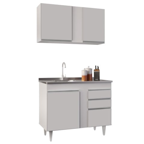 Armário Aéreo Indiana e Balcão Gabinete 100cm com Pia Inox Luziania Branco - Lumil Lumil Móveis Indi