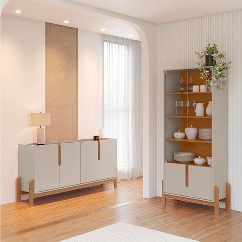 Buffet 170cm e Cristaleira com Pés de Madeira Maciça Lizz Bege/Off White/Cedro