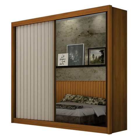 Guarda Roupa Casal 2 Portas São Paulo Gold Cinamomo Off White Ripado com Espelho - Leifer