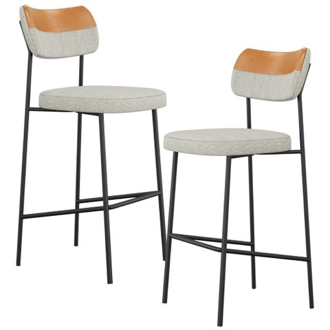 Kit 02 Banquetas Alta Bar Cozinha Sala Jantar Preto Elira L02 Couríssimo Whisky Linho Cinza - Lyam