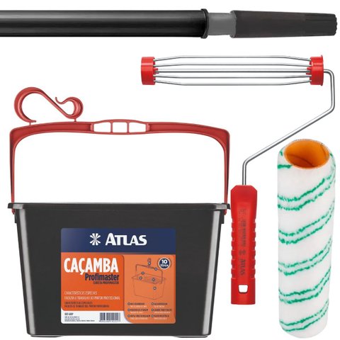 Bandeja Caçamba Pintura 10l com Alça + Suporte Garfo + Rolo de Pintura 23cm 8mm + Cabo Extensor 1,28