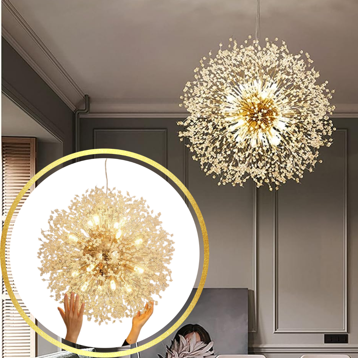 Luminária Pendente 66cm Dente Leão 1292 Cristais Dourado 16 X G9 Lustre Teto Gimpo Kjdd-l-458-gold
