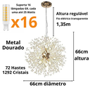 Ver imagem 2 de Luminária Pendente 66cm Dente Leão 1292 Cristais Dourado 16 X G9 Lustre Teto Gimpo Kjdd-l-458-gold