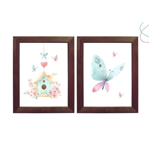 2 Quadros Decoração Borboleta Passarinho Aquarela C/ Moldura:tabaco