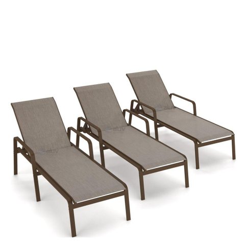 Kit 3 Espreguiçadeira Piscina Alumínio Marrom Tela Mocca
