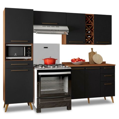 Armário de Cozinha Completa com Adega 7 Portas 4 Gavetas Favorita Preto/Nature