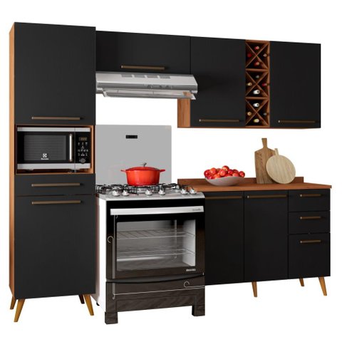 Armário de Cozinha Completa com Adega 7 Portas 4 Gavetas Favorita Preto/nature