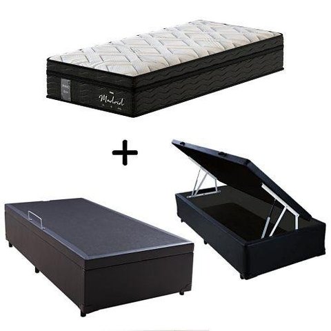 Cama Box C/ Baú Solteiro + Colchão de Molas Ensacadas Probel Madrid Pillow Euro Solteiro