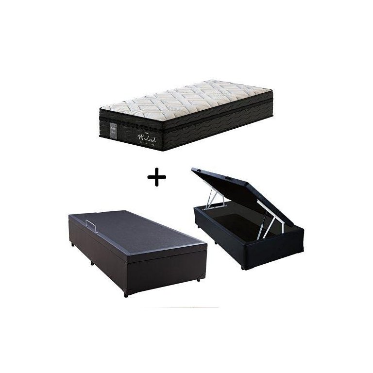 Cama Box C/ Baú Solteiro + Colchão de Molas Ensacadas Probel Madrid Pillow Euro Solteiro