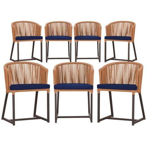 7 Cadeiras de Jantar Área Noronha em Alumínio com Pintura Marrom Corda Náutica Estofado 10 Trama Ori