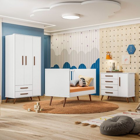 Quarto Infantil Ternura Retrô Roupeiro Berço e Cômoda Branco