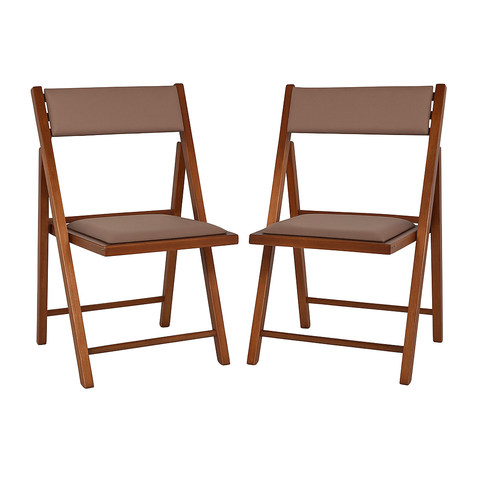 Kit com 2 Cadeiras Dobráveis em Madeira Castanho com Assento e Encosto Estofados – Preebel Courino B