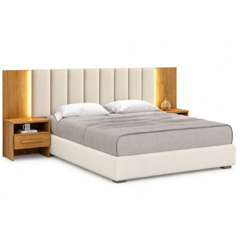 Cabeceira Box Casal Odessa com 2 Mesas de Cabeceira com LED Cinamomo - Novo Horizonte