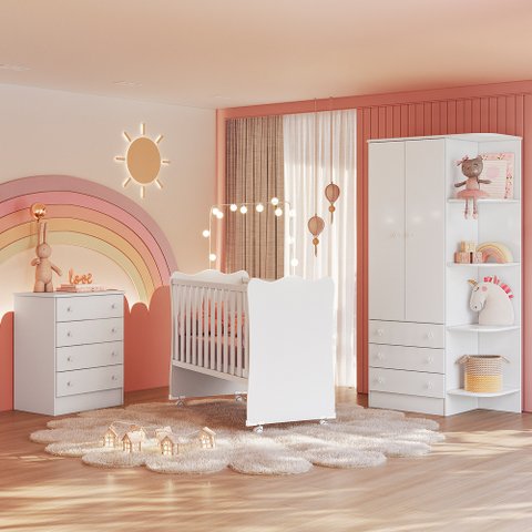 Quarto de Bebê Doce Sonho Completo C/ Rodízios Qmovi Branco + Colchão Ortobom