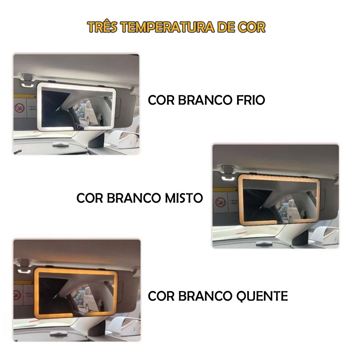 Espelho de Carro Retrovisor Led 3 Cores Quebra Sol sem Fio Retrovisor Iluminaçao Automotivo Maquiage - 2