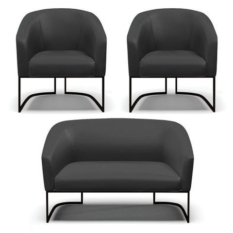 Sofá Namoradeira e 2 Poltronas Base Industrial Preto Stella Corino D03 - D'Rossi Cor Preto
