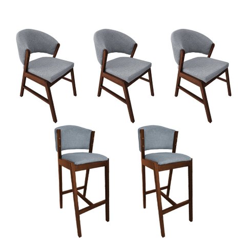 Kit 3 Cadeiras de Jantar Debora com 2 Banquetas Ana Madeira Maciça Mel Premium Linho Cinza