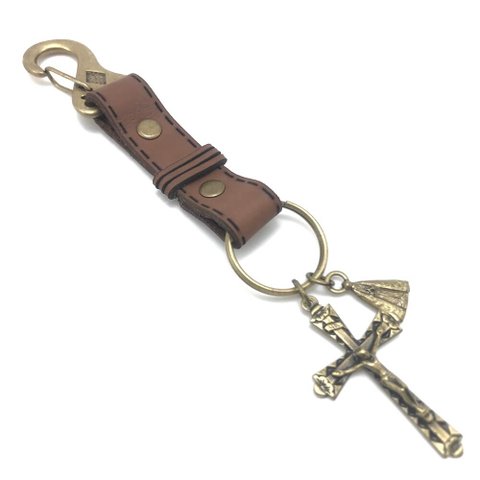 Chaveiro Proteção em Couro Crucifixo e Nossa Senhora Aparecida Aramon F1-ct14-151-8
