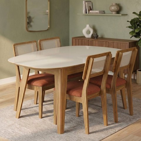 Conjunto para Sala de Jantar Mesa Orgânica e 4 Cadeiras Estofadas Encosto Telado 100% MDF Bolonha