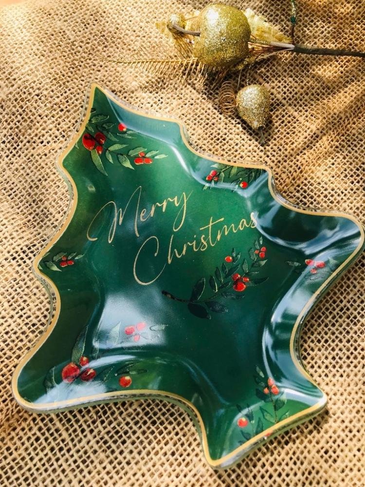 Travessa arvore de natal verde com borda dourada 24X21 cm