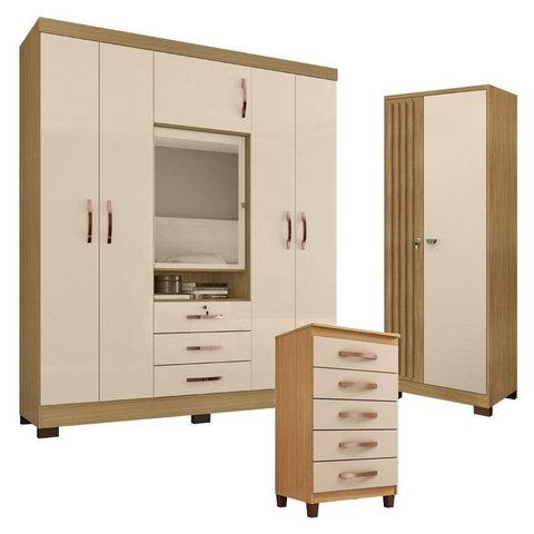 Guarda Roupa Casal Imperial com Cômoda Cannes 5 Gavetas e Armário Multiuso Versatile Carvalho Americ
