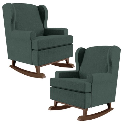 Kit 02 Poltronas De Amamentação Com Balanço Malu Base De Madeira P02 Linho Verde Musgo - Lyam