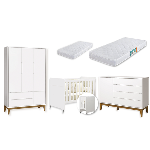 Quarto de Bebê Berço Evolution + Guarda Roupa 3 Portas + Cômoda Sapateira Elfe Branco 2 Colchões