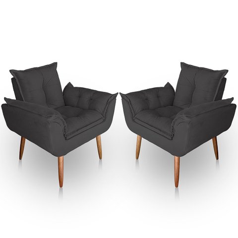 Kit 02 Poltrona para Sala e Quarto Decorativa Opala Suede Cinza