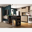 Ver imagem 1 de Cozinha Pequena 6 Peças Com Bancada Para Tv Balcão Ilha Balcão De Pia E Armários Mel Vanill e