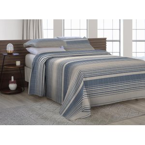 Kit Cobre Leito Casal Padrão Com Fronhas Piquet Algodão 3 Peças Listrado Azul Marinho e Palha