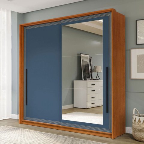 Guarda-roupa Casal Valência 2 Portas 2 Gavetas com Espelho Freijó/azul - Politorno