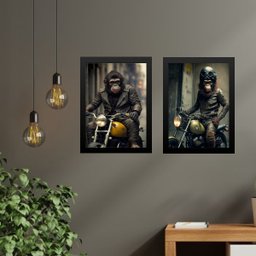 Kit 2 Quadros Moto - Macaco Motociclista 45x34cm:madeira Branca - 1 Kit 2 Quadros Moto - Macaco Motociclista 45x34cm:madeira Branca - 1