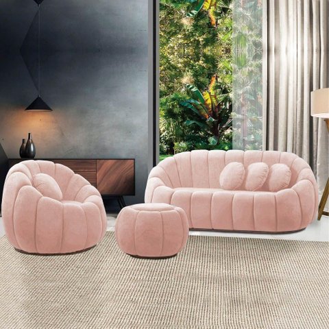 Sofá 2 Lugares com Puff e Poltrona Orgânica Fixa Cloud Bouclê E03 - D'Rossi Cor Rose