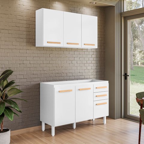 Conjunto de Cozinha com Balcão sem Tampo e Armário Aéreo 120cm Intenza Branco Freijó Nicioli