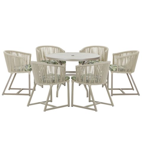 Mesa com 6 Cadeiras de Jantar Roma 120cm e Noronha em Alumínio Fendi Corda Náutica Estofado 5 Trama