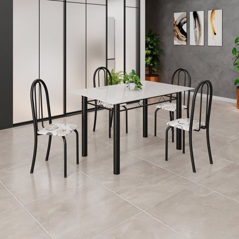 Conjunto de Mesa Tubular 120cm x 75cm Tampo em Vidro com 4 Cadeiras Iris B Preto/Off White