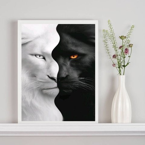 Quadro Decorativo Tigre Branco Preto - Metades 24x18cm - com Vidro:moldura Branca