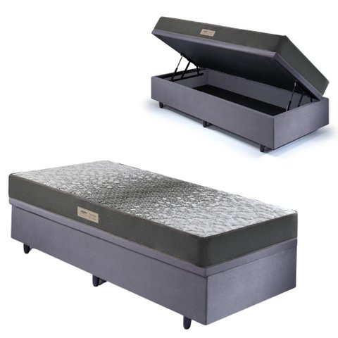Base Box Baú 88x188 Suede com Colchão Dual Firm Espuma Ecoflex