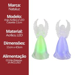 Kit 2 Anjos Decorativos Acrílico Natalino Iluminado Led Colorido 11cm - Nataluz - 6