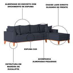 Sofá 4 Lugares Beny com Chaise Direito Suede Azul Marinho - 6