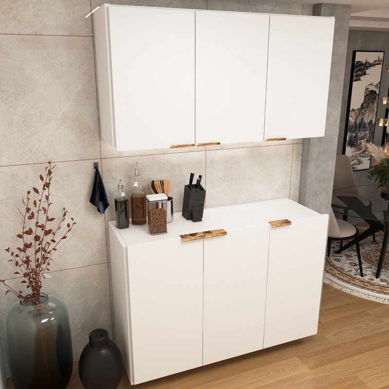 Aparador Buffet mais Armário Suspenso Para Cozinha Quarto Parede cor Branco AJL STORE Kit Buffet com - 4