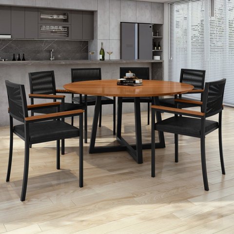 Conjunto Sala de Jantar Mesa Redonda 6 Cadeiras Barcelona MDF Coliseu Preto Cinamomo/Preto Galaxy