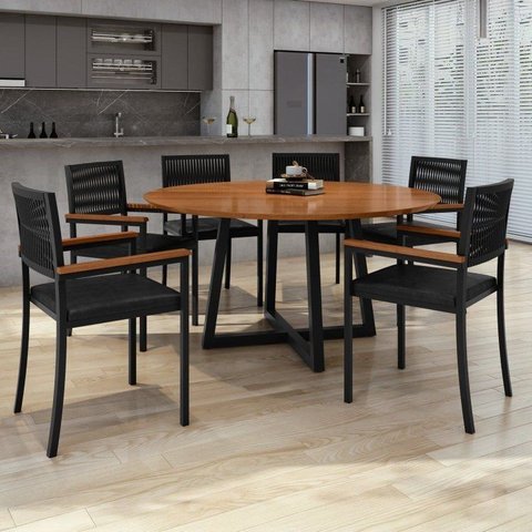 Conjunto Sala de Jantar Mesa Redonda 6 Cadeiras Barcelona MDF Coliseu Preto Cinamomo/Preto Galaxy