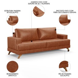 Sofá 3 Lugares 180cm Living Pés Curvos Santi D05 Sintético Camel - Mpozenato - 3
