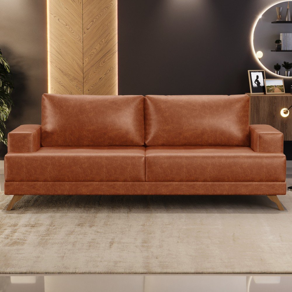 Sofá 3 Lugares 180cm Living Pés Curvos Santi D05 Sintético Camel - Mpozenato